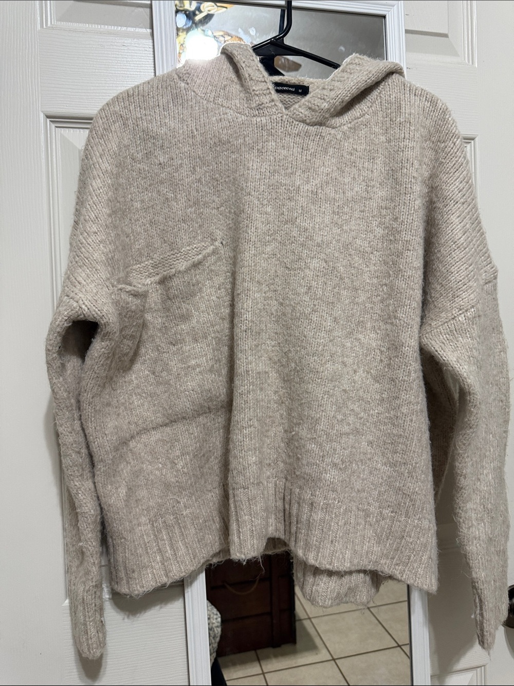 Olivaceous Hooded Cowl Knit Sweater in Light Beige